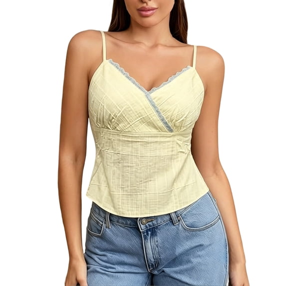 WEIWEN Womens Spaghetti Strap Tank Top Lace Wrap Deep V Neck Cropped Tops for Women Coquette Camisole Going Out Cami Shirts tx04-Yellow, M