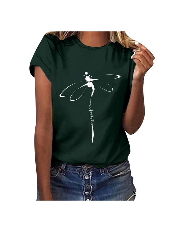 Womens Summer Tops 2026 Trendy Boho Dragonfly Graphic Tees for Women Casual Going Out T Shirts Basic Workout Short Sleeve Tshirts Women's Clothing Dark Green, S