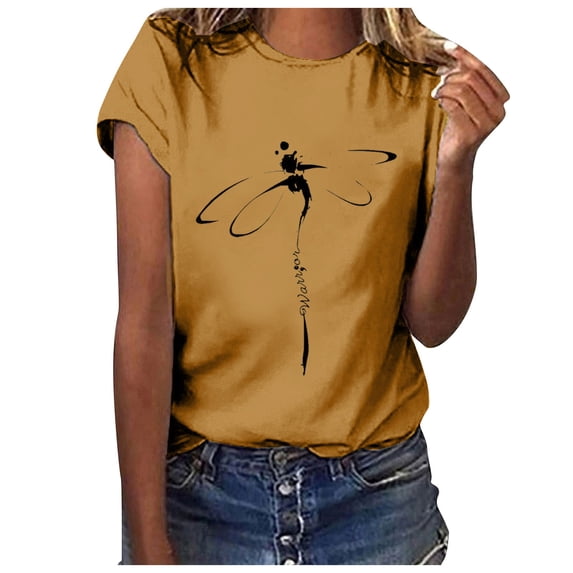 WEIWEN Womens Summer Tops 2026 Trendy Boho Dragonfly Graphic Tees for Women Casual Going Out T Shirts Basic Workout Short Sleeve Tshirts Women's Clothing Light Yellow, L