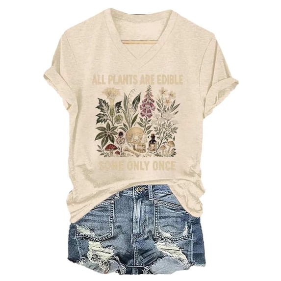 WEIWEN Womens Summer Tops Trendy 2026 All Plants are Edible Some Only Once Short Sleeve V Neck T Shirts for Women Dressy Casual Tshirts Beige, M