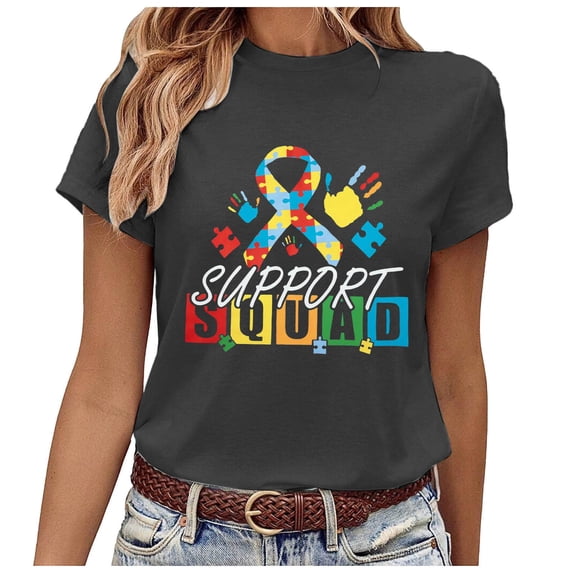 WEIWEN Womens Support Squad Autism Awareness Multicolor Ribbon Graphic Tees Summer Tshirts Shirts for Women Fashion Going Out Tops (Black, XL)