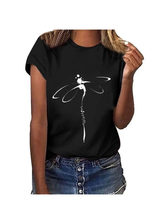 Womens T-Shirts Black Graphic Tees Short Sleeve Crew Neck Dragonfly T Shirts for Women Casual Comfy Basic Tops Ladies Tshirts (Black, M)