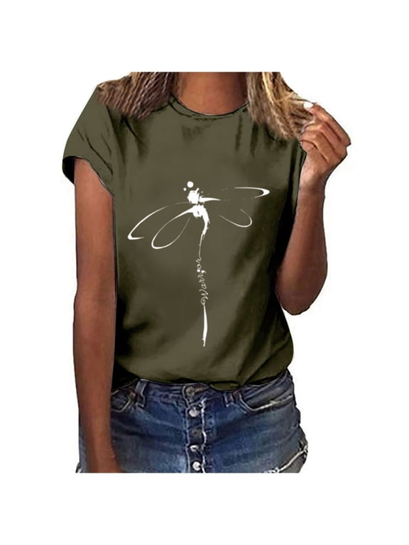 Womens T-Shirts Black Graphic Tees Short Sleeve Crew Neck Dragonfly T Shirts for Women Casual Comfy Basic Tops Ladies Tshirts (Green, S)