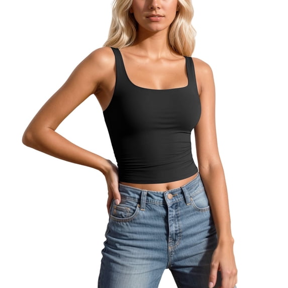 WEIWEN Womens Tank Tops with Built in Bras Square Neck Camisole Tops for Women for Under Clothes Slim Fitted Compression Sleeveless Shirts Shapewear Black, M