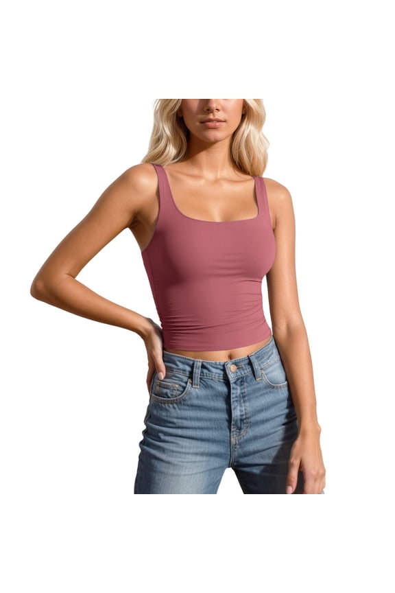 Womens Tank Tops with Built in Bras Square Neck Camisole Tops for Women for Under Clothes Slim Fitted Compression Sleeveless Shirts Shapewear Brick Red, S