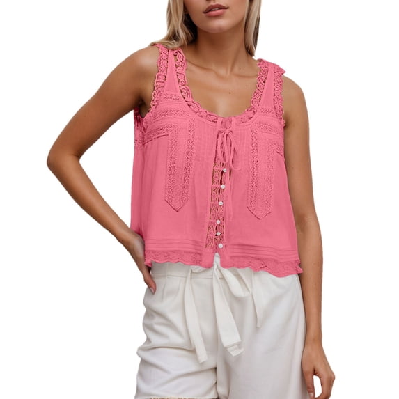 WEIWEN Womens Tank Tops Ruffled Sheer Lace Sleeveless Going Out Tops for Women Summer Tie Front Scoop Neckline Cropped Vest Shirts Women's Clothing Pink, L