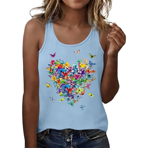 WEIWEN Womens Tank Tops Summer Fashion Colorful Butterfly Heart Printed Sleeveless Spaghetti Strap Tank Top for Women Vest Light Blue, XL