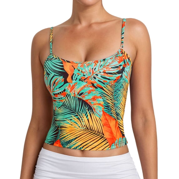 WEIWEN Womens Tank Tops Summer Floral Printed Adjustable Spaghetti Strap Tank Top for Women Scoop Neck Sleeveless Cropped Tops Green, L