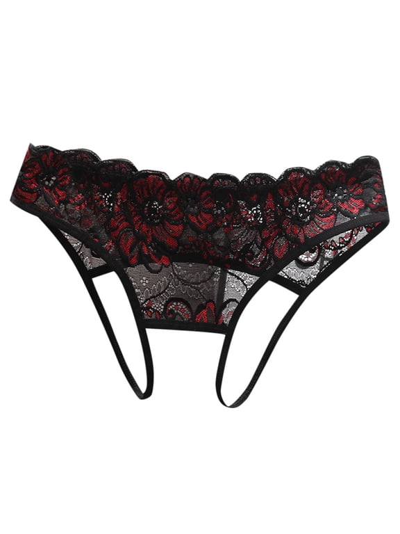 Womens Underwear Lace High Cut Crotchless Thongs for Women See Through Open Crotch Hipster Briefs High Waist G String Cutout Panties Black, One Size