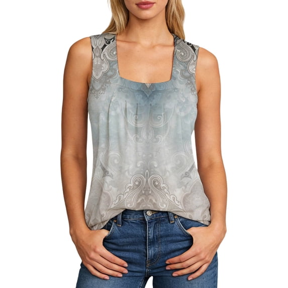 WEIWEN Workout Tank Tops Woman Square Neck Sleeveless Pleated Floral Camisole Women's Tank Tops Loose Fit Running Athletic Shirts Light Purple, XL