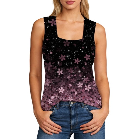 WEIWEN Workout Tank Tops Woman Square Neck Sleeveless Pleated Floral Camisole Women's Tank Tops Loose Fit Running Athletic Shirts Purple, S