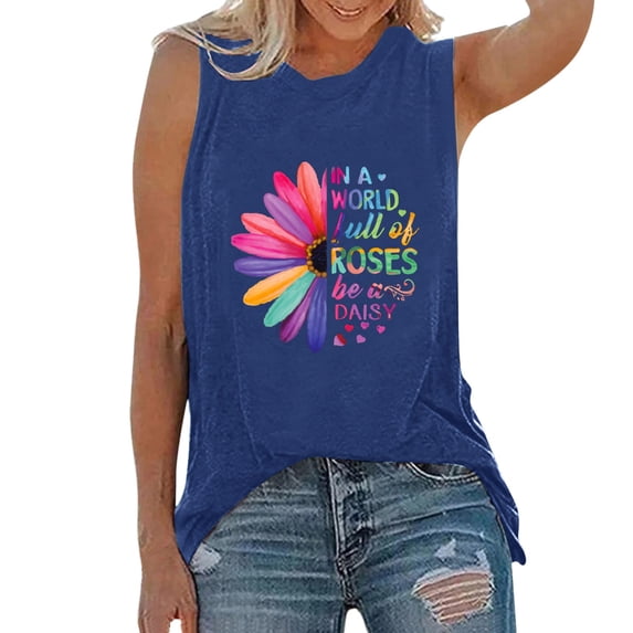 WEIWEN in A World Full of Roses Be A Daisy Graphic Tees for Women Tank Tops Loose Fit Summer Sleeveless Athletic Workout Shirts Navy, S