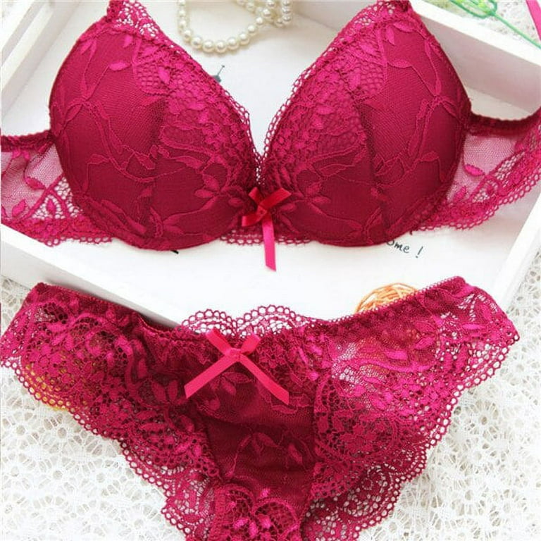 WEIXINBUY New Women Cute Sexy Underwear Satin Lace Embroidery Bra Sets With  Panties