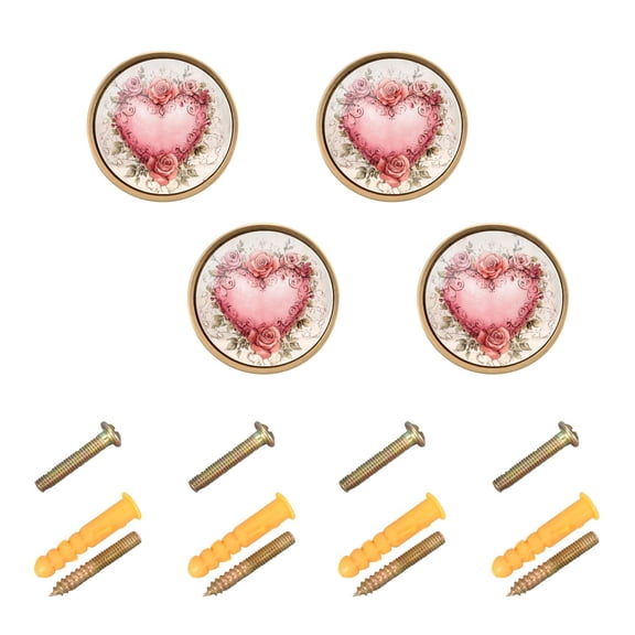 WEIYEKO 4 Pack Kitchen Cabinet Knobs Round Zinc Drawer Pulls, Beautiful Pink Heart with Roses