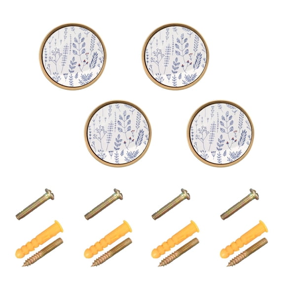 WEIYEKO 4 Pack Kitchen Cabinet Knobs Round Zinc Drawer Pulls, Blue Herbs and Plants
