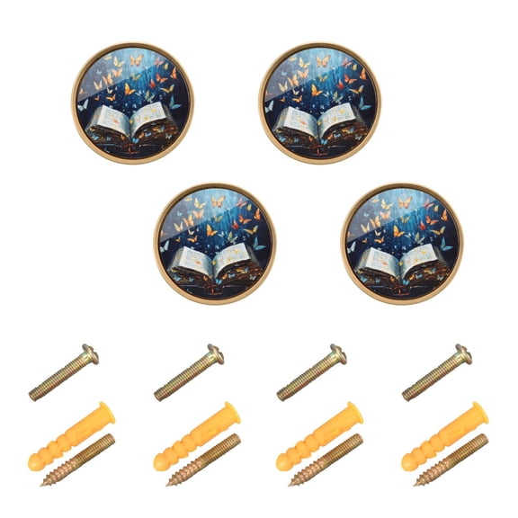 WEIYEKO 4 Pack Kitchen Cabinet Knobs Round Zinc Drawer Pulls, Colorful Butterflies and Book