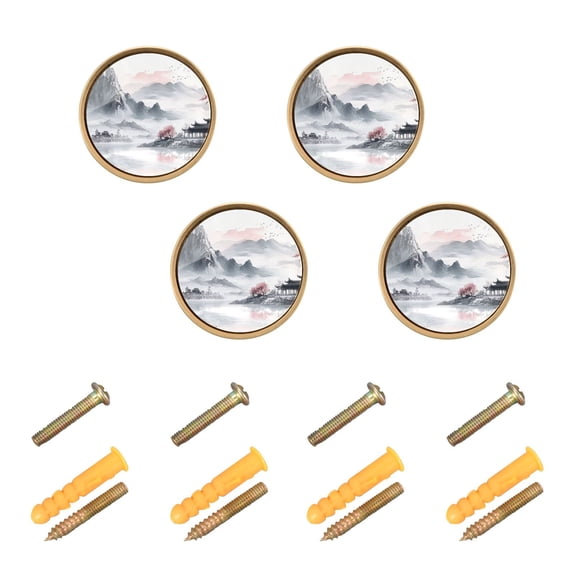 WEIYEKO 4 Pack Kitchen Cabinet Knobs Round Zinc Drawer Pulls, Ink Mountains and Pavilions