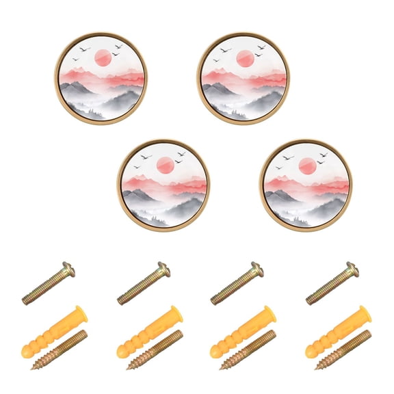 WEIYEKO 4 Pack Kitchen Cabinet Knobs Round Zinc Drawer Pulls, Mountains Mist Sun Birds
