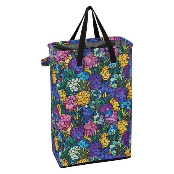 WEIYEKO Collapsible Laundry Basket 48L Waterproof Clothes Hamper Reinforced Handles Drawstring Mesh Cover, Abstract Colorful Pineapple