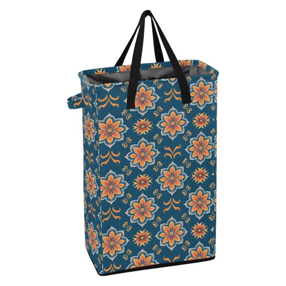 WEIYEKO Collapsible Laundry Basket 48L Waterproof Clothes Hamper Reinforced Handles Drawstring Mesh Cover, Arabesque Floral Flowers