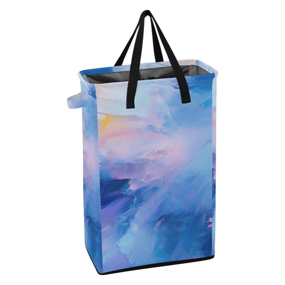 WEIYEKO Collapsible Laundry Basket 48L Waterproof Clothes Hamper Reinforced Handles Drawstring Mesh Cover, Azure Blue Marble
