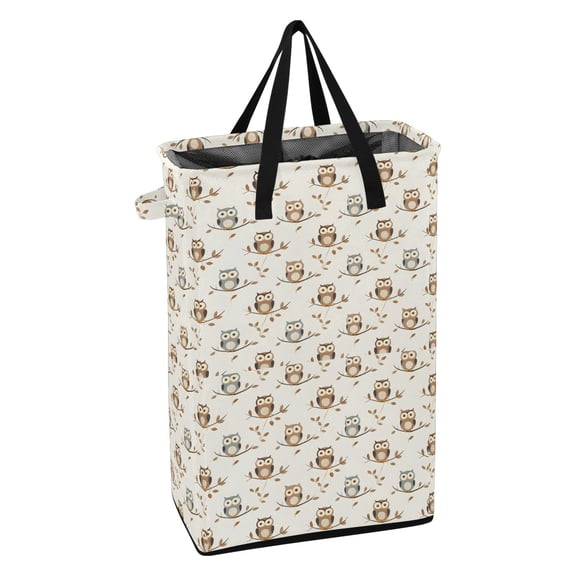 WEIYEKO Collapsible Laundry Basket 48L Waterproof Clothes Hamper Reinforced Handles Drawstring Mesh Cover, Baby Owls on Branch