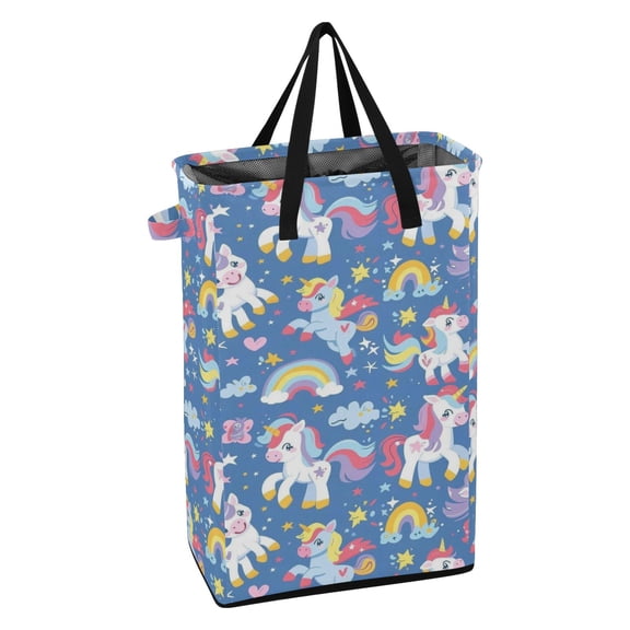 WEIYEKO Collapsible Laundry Basket 48L Waterproof Clothes Hamper Reinforced Handles Drawstring Mesh Cover, Baby Unicorns Heart Rainbow