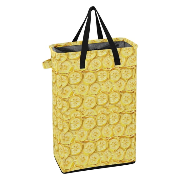 WEIYEKO Collapsible Laundry Basket 48L Waterproof Clothes Hamper Reinforced Handles Drawstring Mesh Cover, Banana Slices