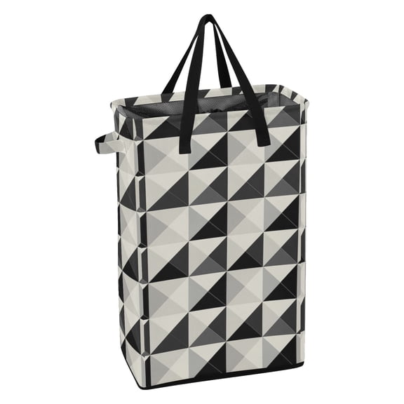 WEIYEKO Collapsible Laundry Basket 48L Waterproof Clothes Hamper Reinforced Handles Drawstring Mesh Cover, Black White Geometric