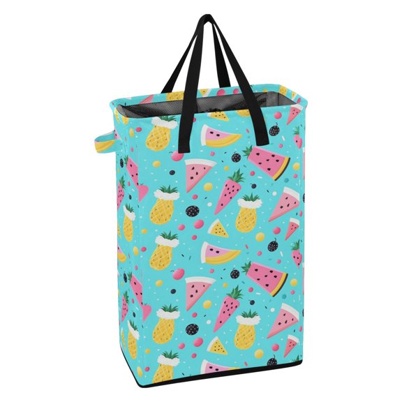WEIYEKO Collapsible Laundry Basket 48L Waterproof Clothes Hamper Reinforced Handles Drawstring Mesh Cover, Blackberries Watermelon Pineapple