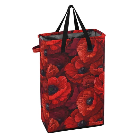 WEIYEKO Collapsible Laundry Basket 48L Waterproof Clothes Hamper Reinforced Handles Drawstring Mesh Cover, Blooming Poppy Flower