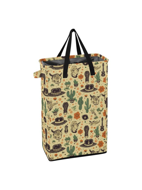 Collapsible Laundry Basket 48L Waterproof Clothes Hamper Reinforced Handles Drawstring Mesh Cover, Cactus Hat Guitar Stone