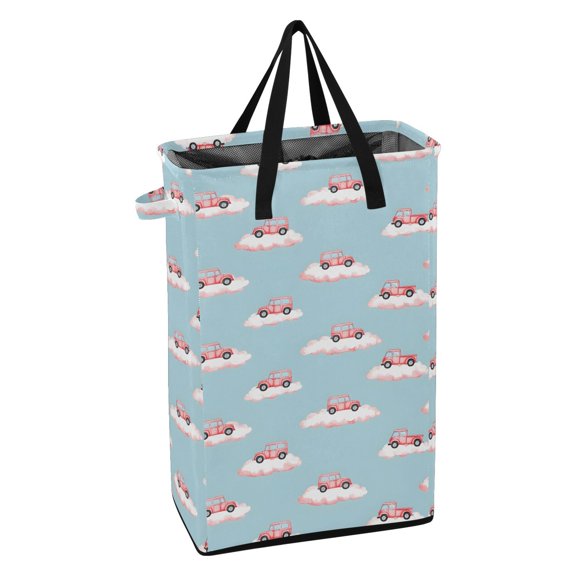 WEIYEKO Collapsible Laundry Basket 48L Waterproof Clothes Hamper Reinforced Handles Drawstring Mesh Cover, Cars on Cloud