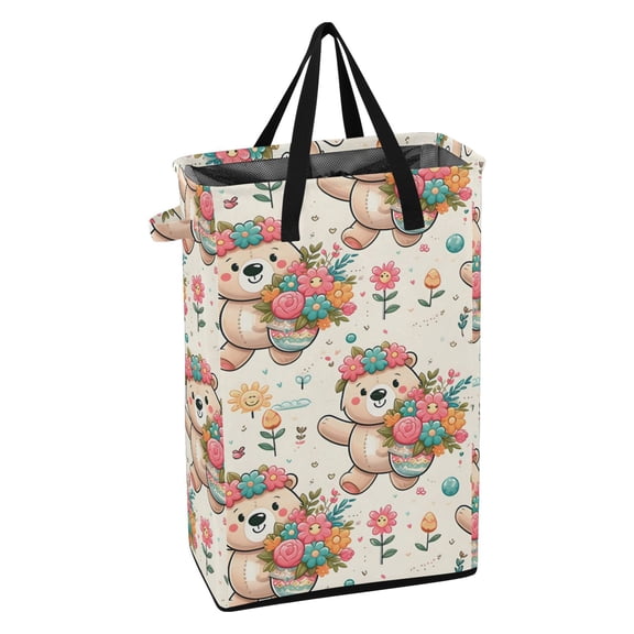 WEIYEKO Collapsible Laundry Basket 48L Waterproof Clothes Hamper Reinforced Handles Drawstring Mesh Cover, Cartoon Bear with Flowers