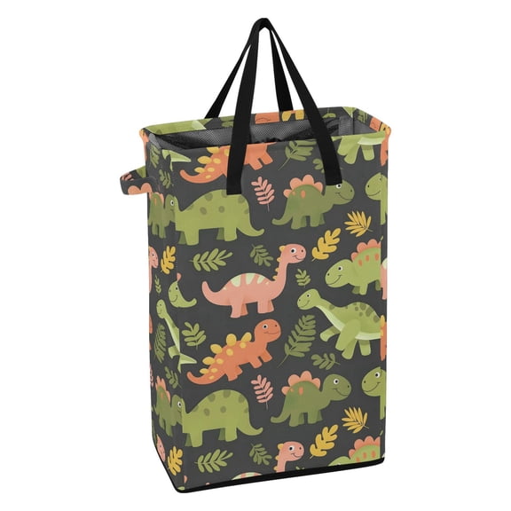 WEIYEKO Collapsible Laundry Basket 48L Waterproof Clothes Hamper Reinforced Handles Drawstring Mesh Cover, Cartoon Dinosaur with Leaf