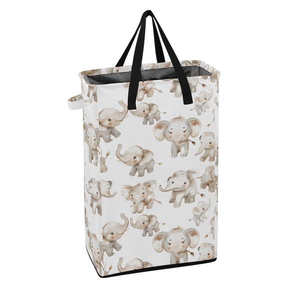 WEIYEKO Collapsible Laundry Basket 48L Waterproof Clothes Hamper Reinforced Handles Drawstring Mesh Cover, Cartoon Elephants