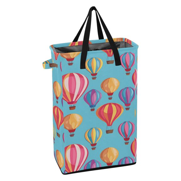 WEIYEKO Collapsible Laundry Basket 48L Waterproof Clothes Hamper Reinforced Handles Drawstring Mesh Cover, Cartoon Hot Air Balloon