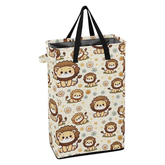 WEIYEKO Collapsible Laundry Basket 48L Waterproof Clothes Hamper Reinforced Handles Drawstring Mesh Cover, Cartoon Lion and Daisy