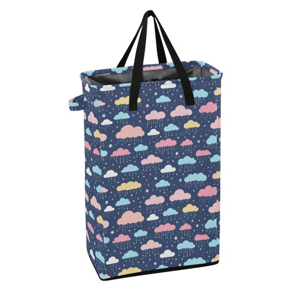 WEIYEKO Collapsible Laundry Basket 48L Waterproof Clothes Hamper Reinforced Handles Drawstring Mesh Cover, Cartoon Raining Clouds