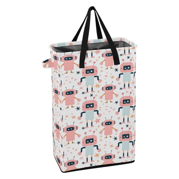 WEIYEKO Collapsible Laundry Basket 48L Waterproof Clothes Hamper Reinforced Handles Drawstring Mesh Cover, Cartoon Robot