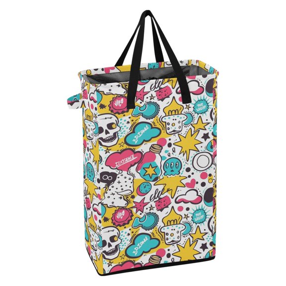 WEIYEKO Collapsible Laundry Basket 48L Waterproof Clothes Hamper Reinforced Handles Drawstring Mesh Cover, Cartoon Skull with Speech Bubbles