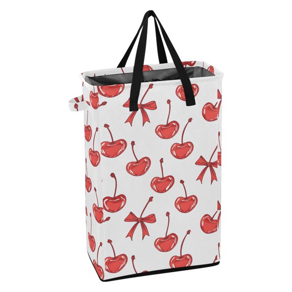 WEIYEKO Collapsible Laundry Basket 48L Waterproof Clothes Hamper Reinforced Handles Drawstring Mesh Cover, Cherry and Bow