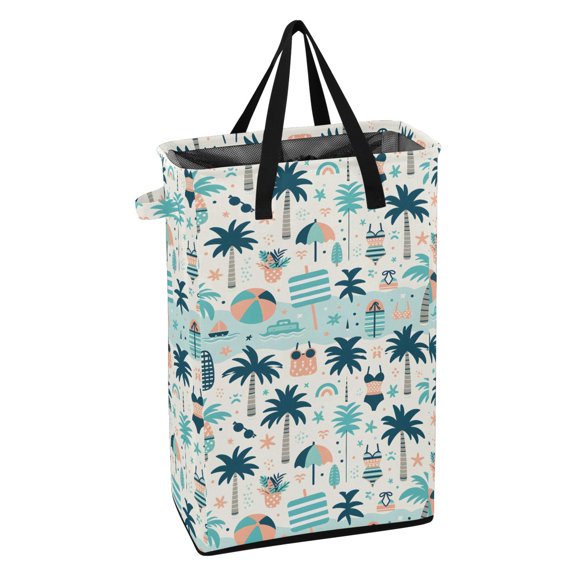 WEIYEKO Collapsible Laundry Basket 48L Waterproof Clothes Hamper Reinforced Handles Drawstring Mesh Cover, Coconut Tree Ball Swimwear