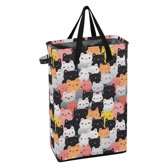 WEIYEKO Collapsible Laundry Basket 48L Waterproof Clothes Hamper Reinforced Handles Drawstring Mesh Cover, Colorful Happy Cats