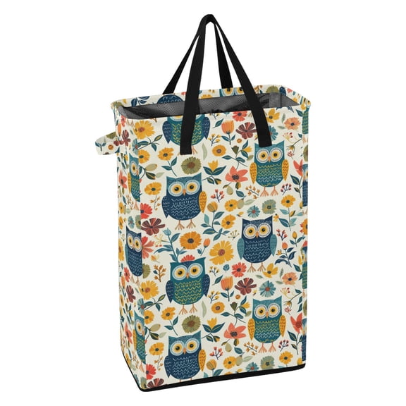 WEIYEKO Collapsible Laundry Basket 48L Waterproof Clothes Hamper Reinforced Handles Drawstring Mesh Cover, Colorful Owls and Flower