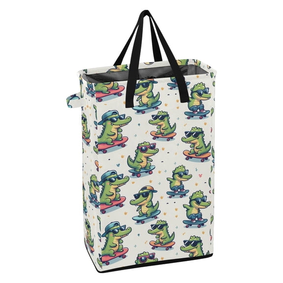 WEIYEKO Collapsible Laundry Basket 48L Waterproof Clothes Hamper Reinforced Handles Drawstring Mesh Cover, Cool Crocodile with Skateboard