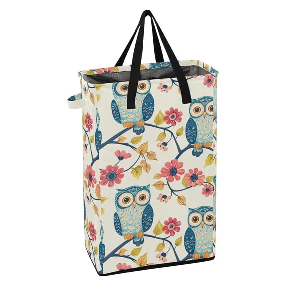 WEIYEKO Collapsible Laundry Basket 48L Waterproof Clothes Hamper Reinforced Handles Drawstring Mesh Cover, Couple Owls on Branch