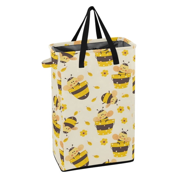 WEIYEKO Collapsible Laundry Basket 48L Waterproof Clothes Hamper Reinforced Handles Drawstring Mesh Cover, Cute Cartoon Bees and Flower