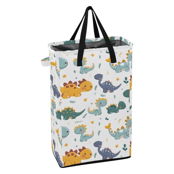 WEIYEKO Collapsible Laundry Basket 48L Waterproof Clothes Hamper Reinforced Handles Drawstring Mesh Cover, Cute Dinosaur Leaf Star