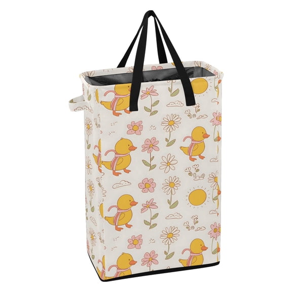 WEIYEKO Collapsible Laundry Basket 48L Waterproof Clothes Hamper Reinforced Handles Drawstring Mesh Cover, Cute Duck Flower Sun